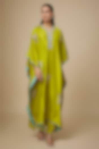 Chutney Green Dupion Silk Hand Embroidered Kaftan Set by Anushree Reddy at Pernia's Pop Up Shop