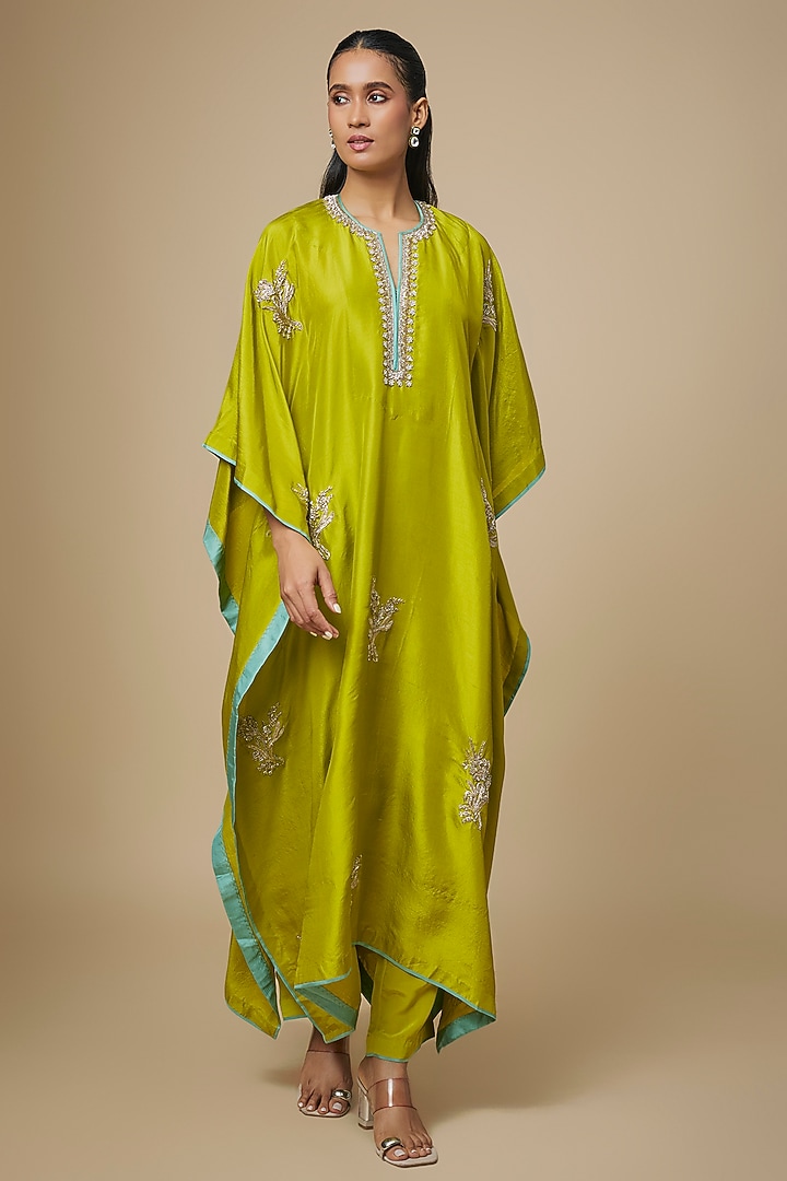 Chutney Green Dupion Silk Hand Embroidered Kaftan Set by Anushree Reddy at Pernia's Pop Up Shop