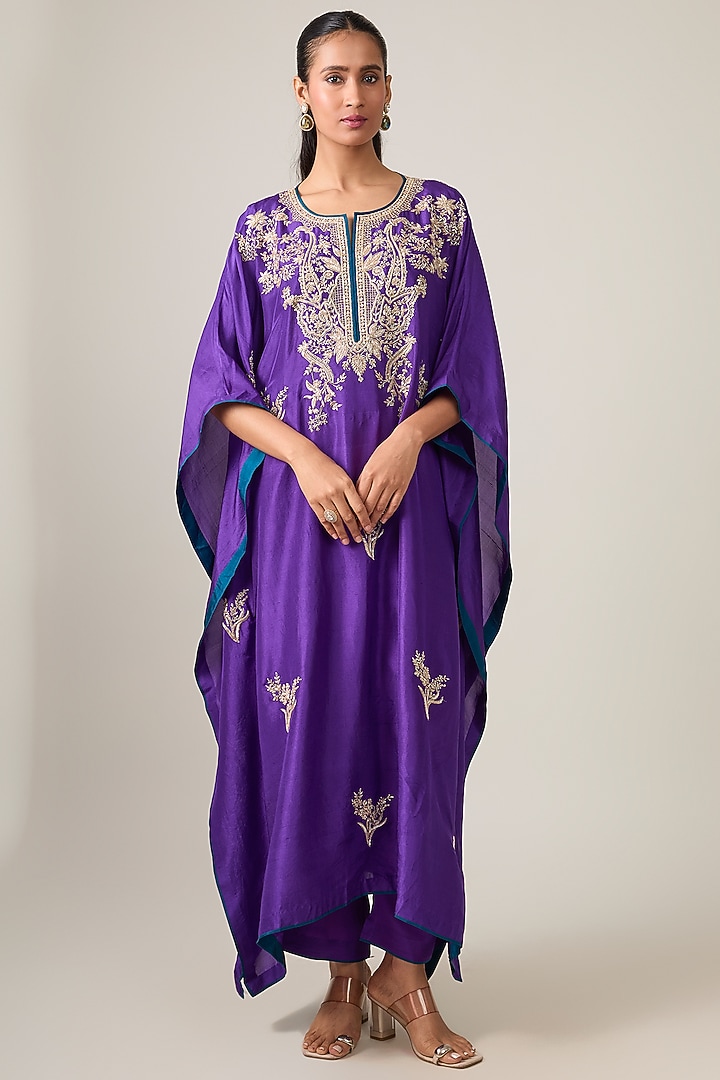 Purple Dupion Silk Hand Embroidered Kaftan Set by Anushree Reddy at Pernia's Pop Up Shop