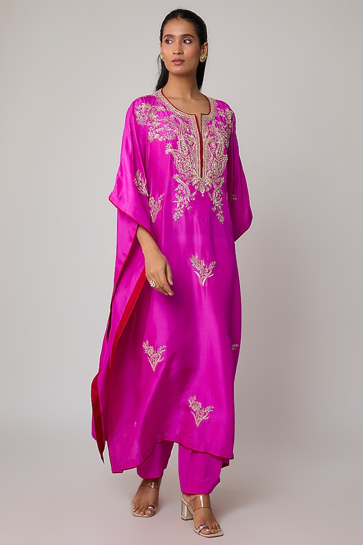 Hot Pink Dupion Silk Hand Embroidered Kaftan Set by Anushree Reddy at Pernia's Pop Up Shop