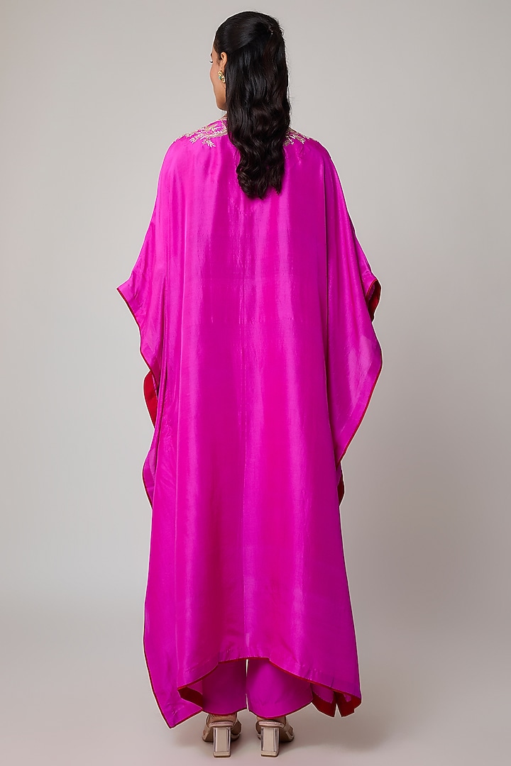 Hot Pink Dupion Silk Hand Embroidered Kaftan Set by Anushree Reddy at Pernia's Pop Up Shop