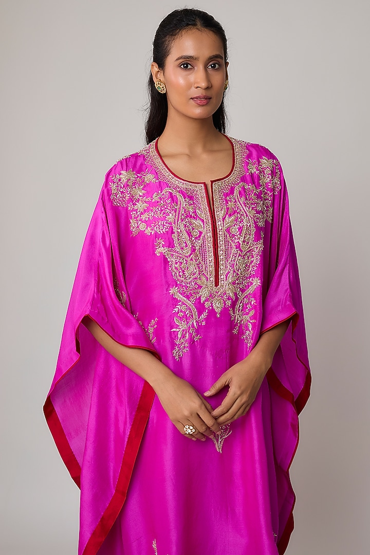 Hot Pink Dupion Silk Hand Embroidered Kaftan Set by Anushree Reddy at Pernia's Pop Up Shop