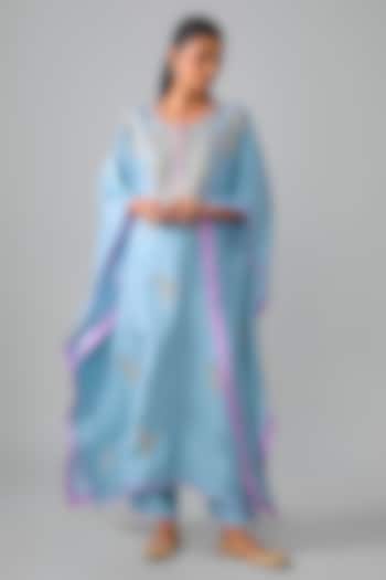 Blue Dupion Silk Hand Embroidered Kaftan Set by Anushree Reddy at Pernia's Pop Up Shop