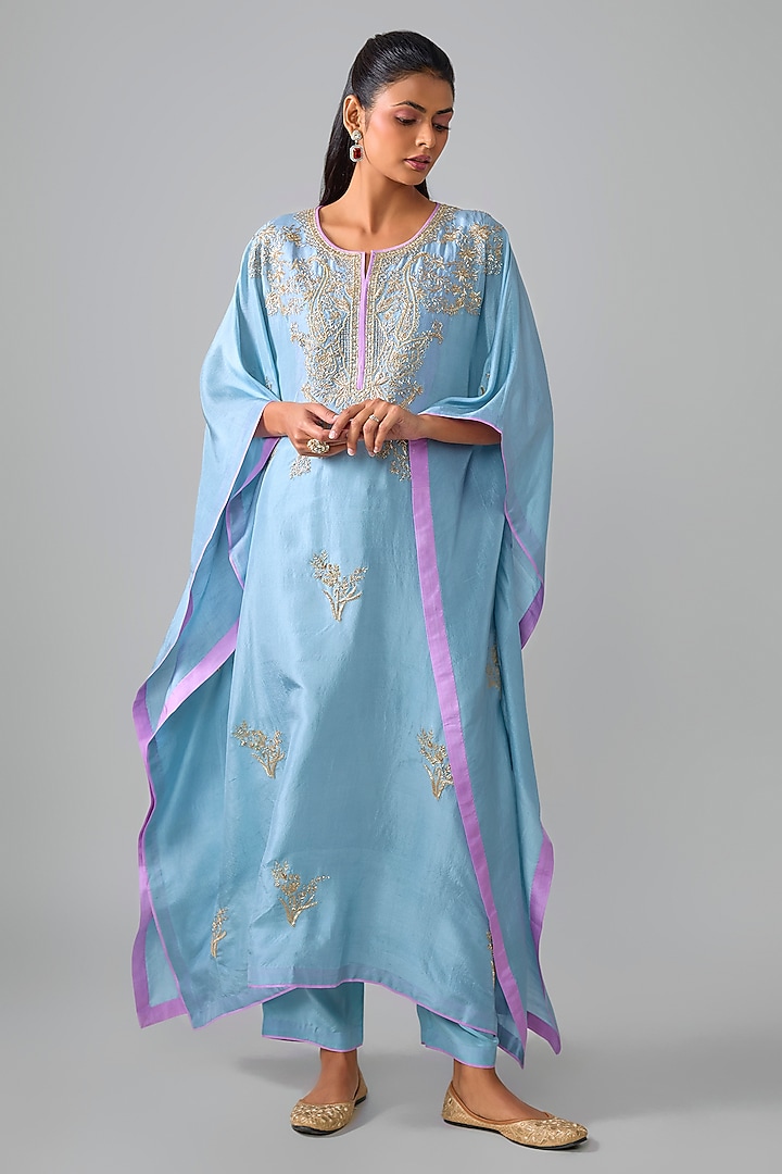Blue Dupion Silk Hand Embroidered Kaftan Set by Anushree Reddy at Pernia's Pop Up Shop