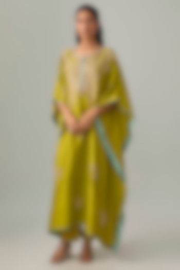 Chutney Green Dupion Silk Hand Embroidered Kaftan Set by Anushree Reddy at Pernia's Pop Up Shop