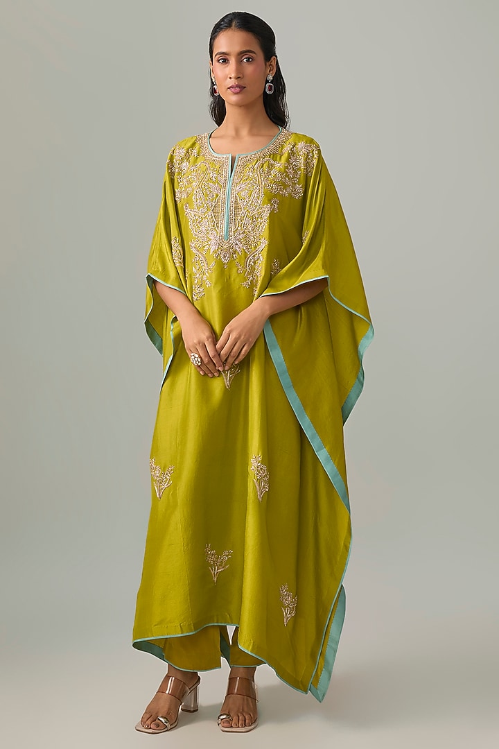 Chutney Green Dupion Silk Hand Embroidered Kaftan Set by Anushree Reddy at Pernia's Pop Up Shop