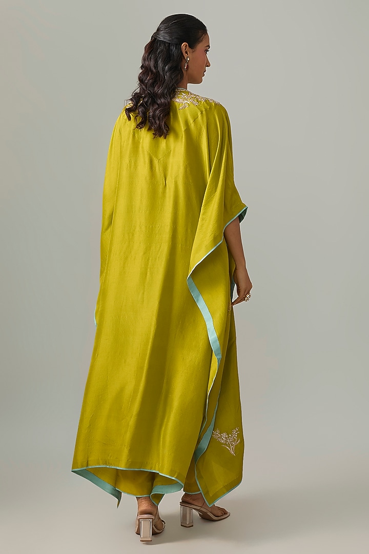 Chutney Green Dupion Silk Hand Embroidered Kaftan Set by Anushree Reddy at Pernia's Pop Up Shop
