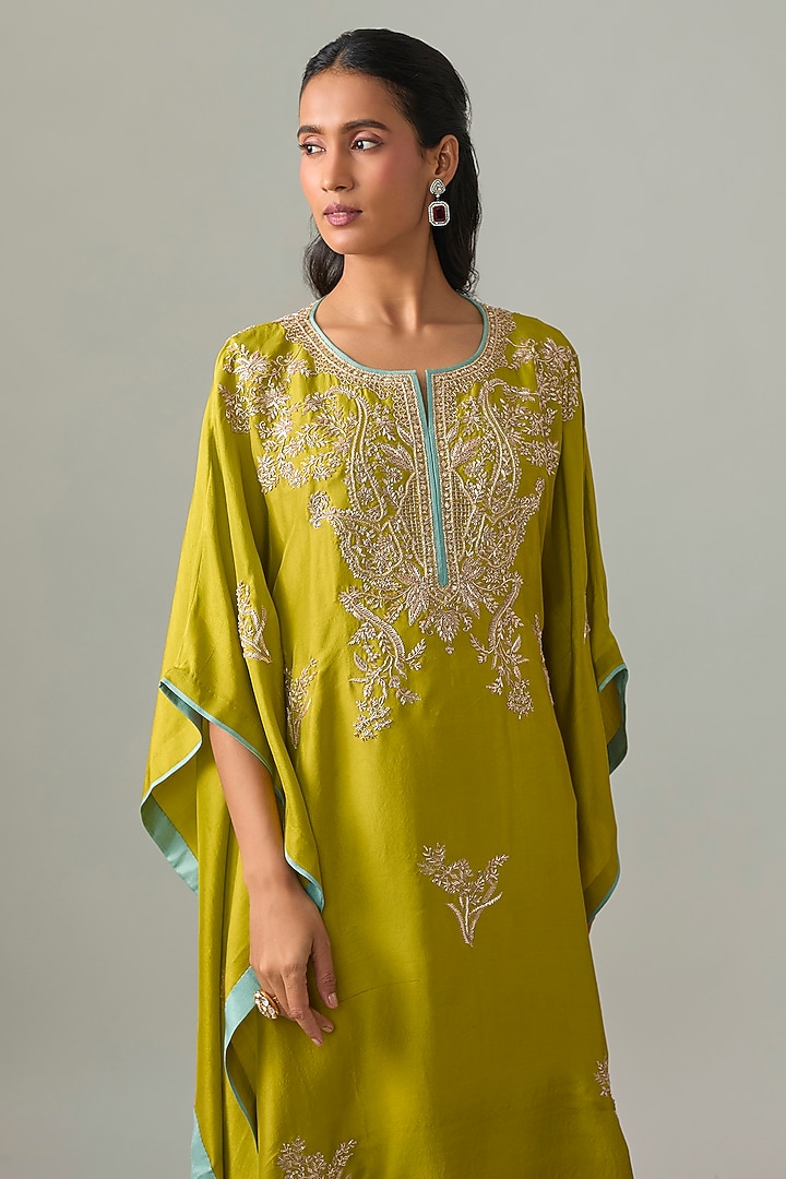 Chutney Green Dupion Silk Hand Embroidered Kaftan Set by Anushree Reddy at Pernia's Pop Up Shop