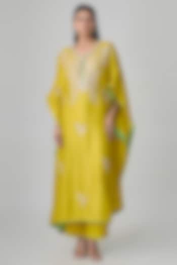 Lime Yellow Dupion Silk Hand Embroidred Kaftan Set by Anushree Reddy at Pernia's Pop Up Shop