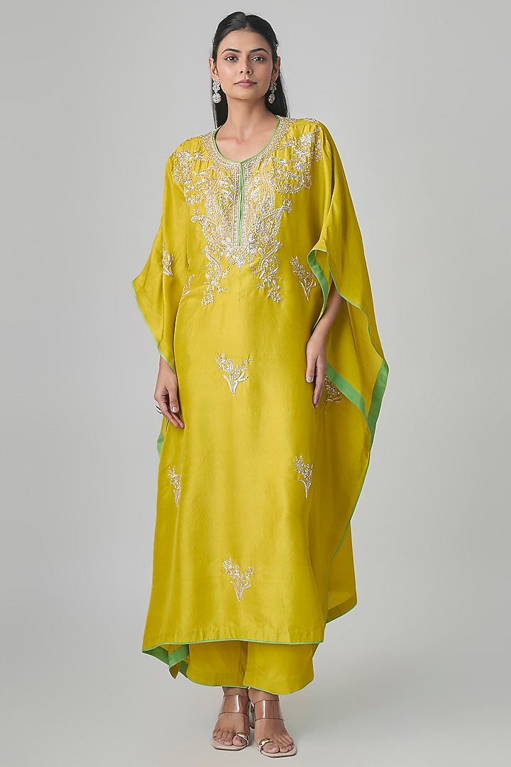 Lime Yellow Dupion Silk Hand Embroidred Kaftan Set by Anushree Reddy at Pernia's Pop Up Shop