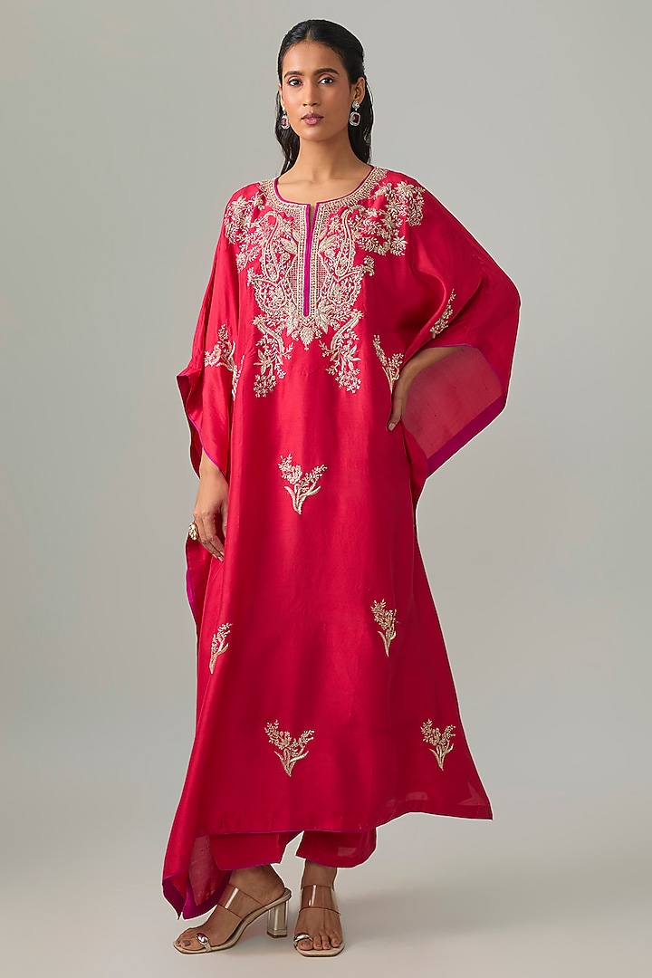 Red Dupion Silk Hand Embroidered Kaftan Set by Anushree Reddy at Pernia's Pop Up Shop