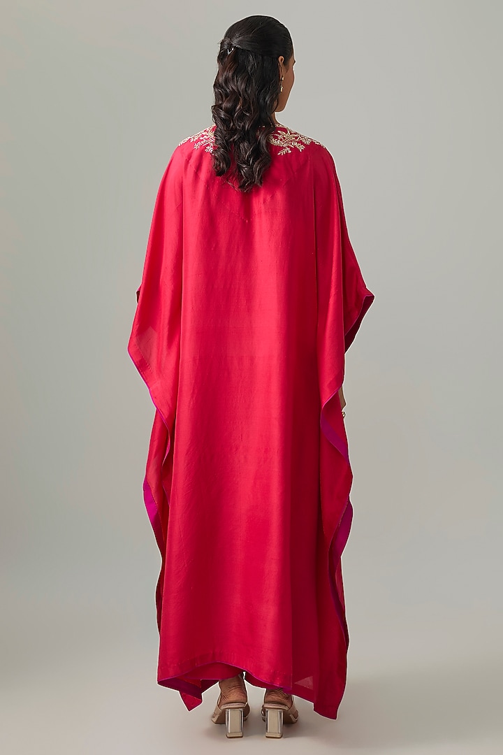 Red Dupion Silk Hand Embroidered Kaftan Set by Anushree Reddy at Pernia's Pop Up Shop