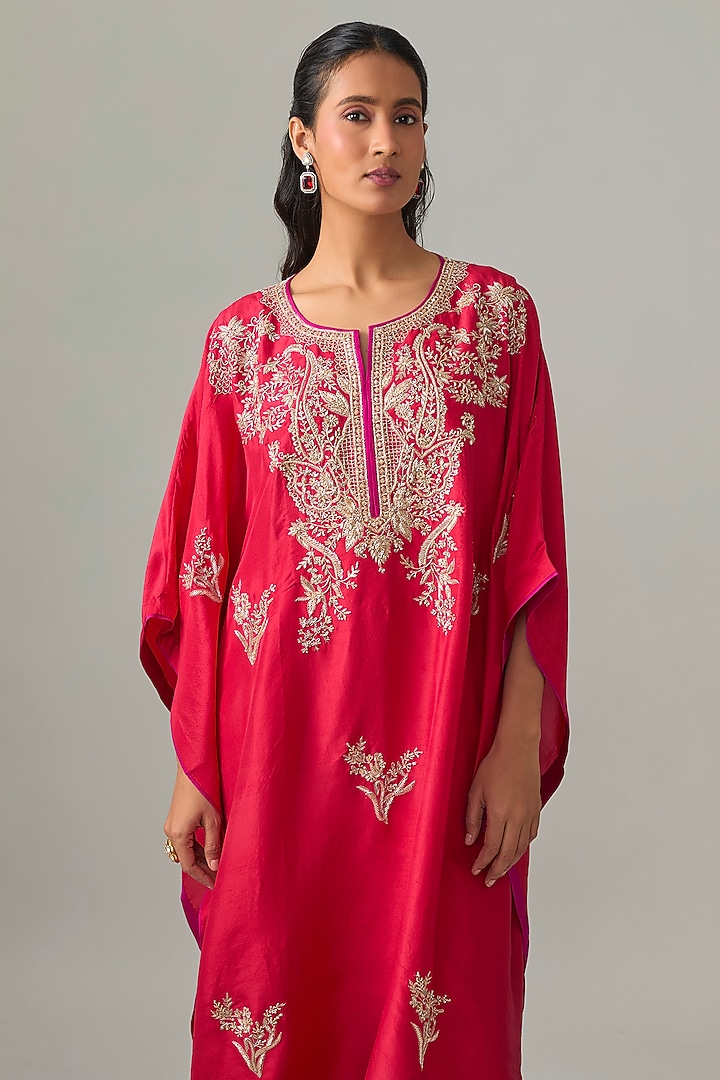 Red Dupion Silk Hand Embroidered Kaftan Set by Anushree Reddy at Pernia's Pop Up Shop