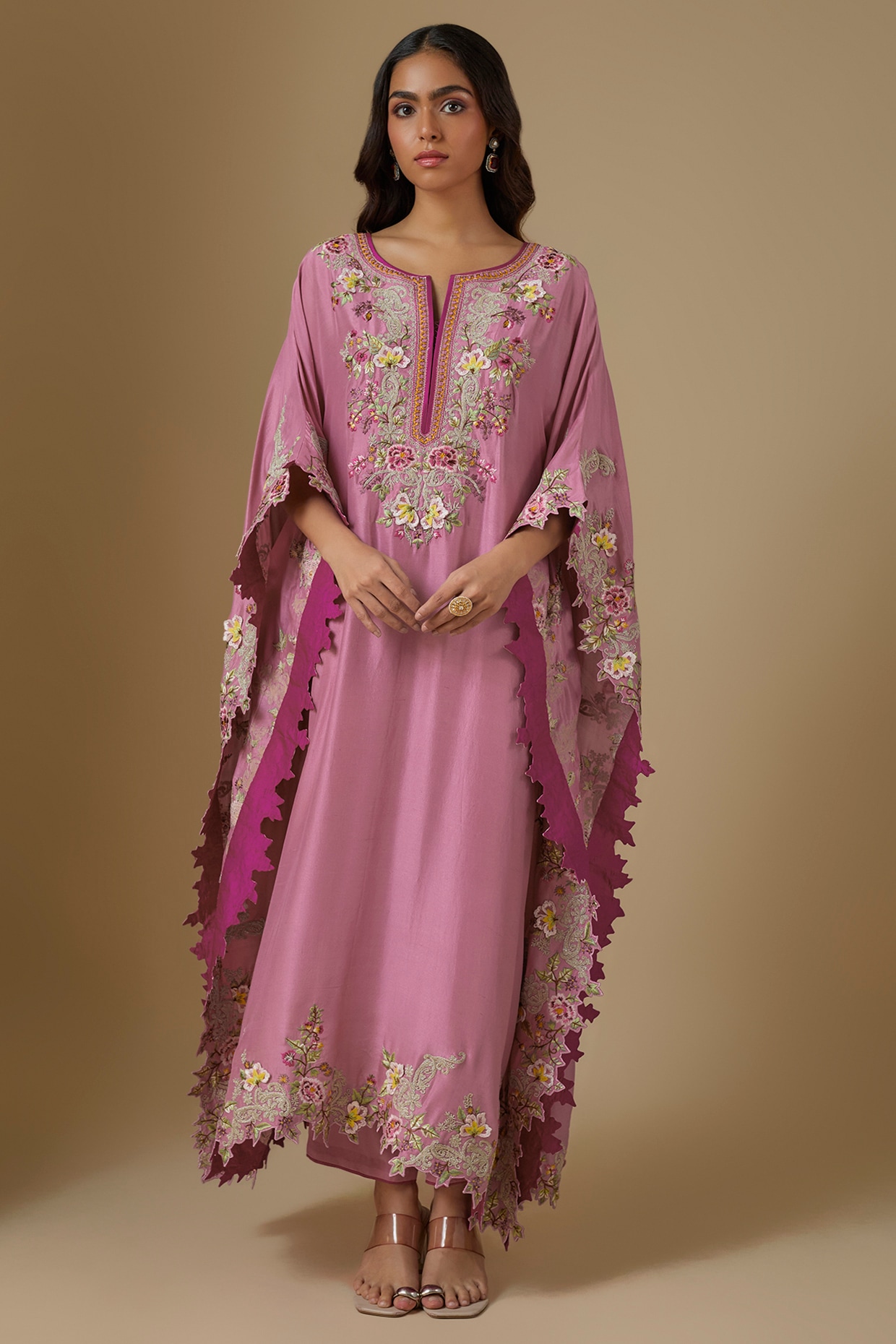 Anushree Reddy Pink Dupion Silk Hand Embroidered Kaftan Set