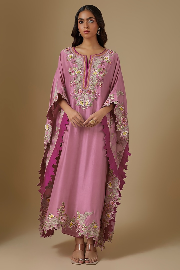 Pink Dupion Silk Hand Embroidered Kaftan Set by Anushree Reddy at Pernia's Pop Up Shop