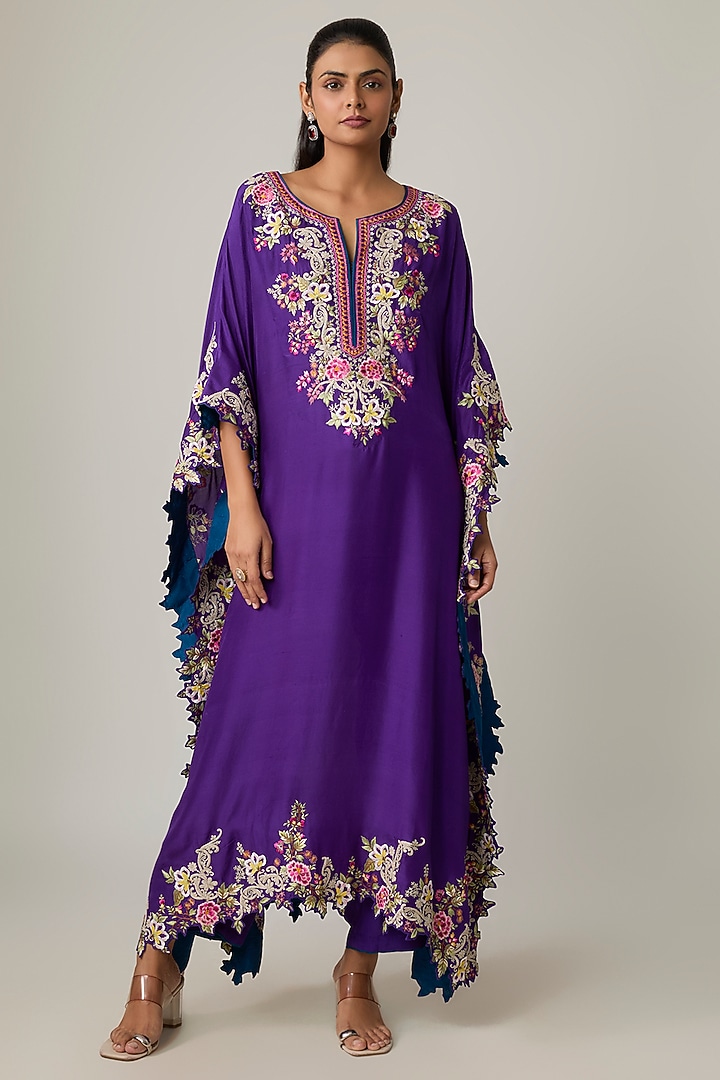 Purple Dupion Silk Hand Embroidered Kaftan Set by Anushree Reddy at Pernia's Pop Up Shop