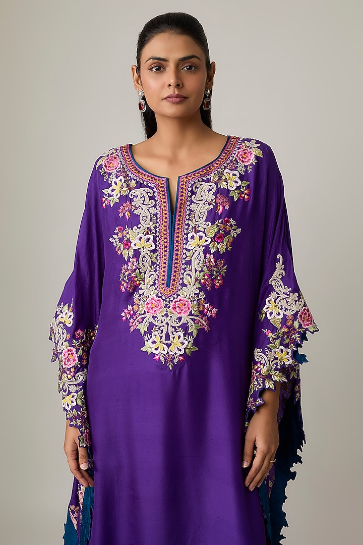Purple Dupion Silk Hand Embroidered Kaftan Set by Anushree Reddy at Pernia's Pop Up Shop