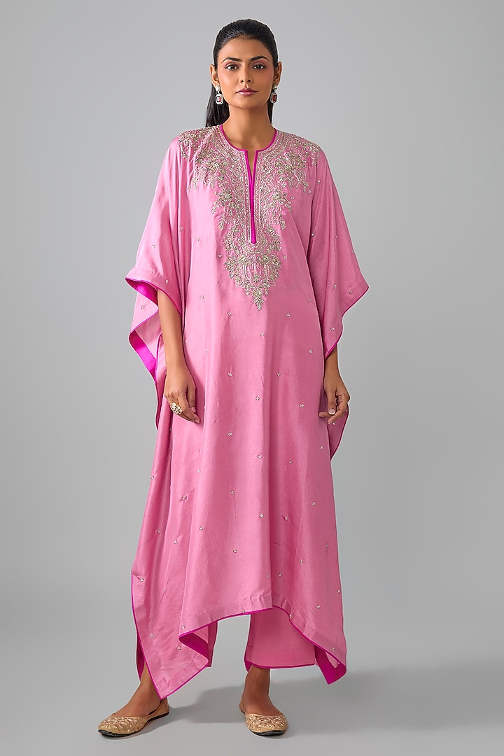 Pink Dupion Silk Hand Embroidered Kaftan Set by Anushree Reddy at Pernia's Pop Up Shop