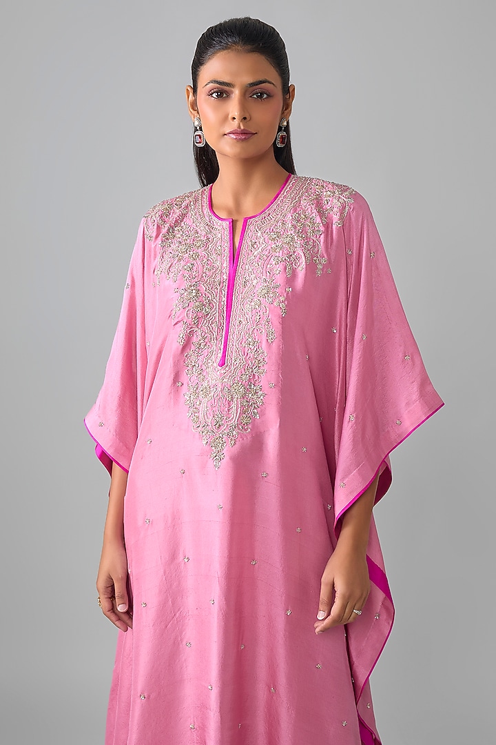 Pink Dupion Silk Hand Embroidered Kaftan Set by Anushree Reddy at Pernia's Pop Up Shop