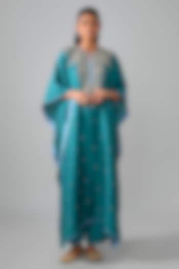 Teal Dupion Silk Hand Embroidered Kaftan Set by Anushree Reddy at Pernia's Pop Up Shop