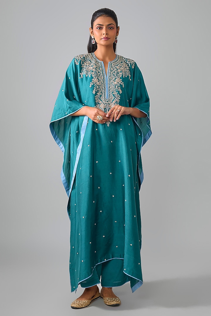 Teal Dupion Silk Hand Embroidered Kaftan Set by Anushree Reddy at Pernia's Pop Up Shop
