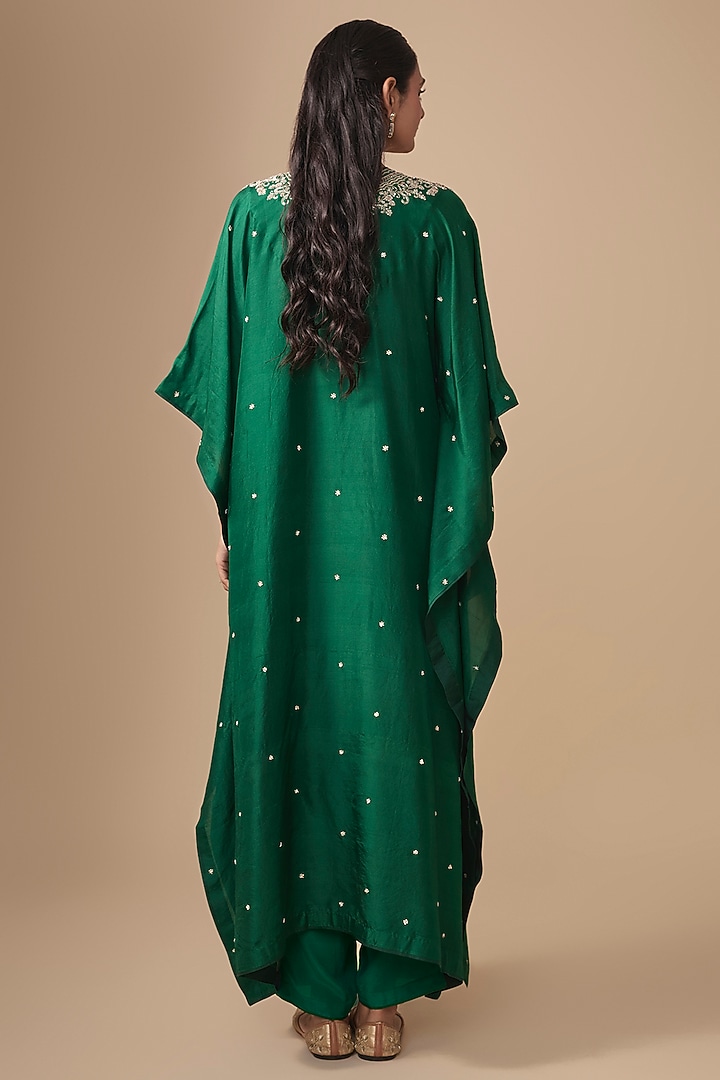 Emerald Green Dupion Silk Hand Embroidered Kaftan Set by Anushree Reddy at Pernia's Pop Up Shop