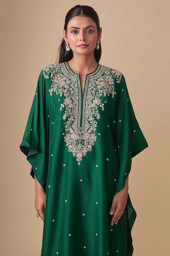 Emerald Green Dupion Silk Hand Embroidered Kaftan Set by Anushree Reddy at Pernia's Pop Up Shop