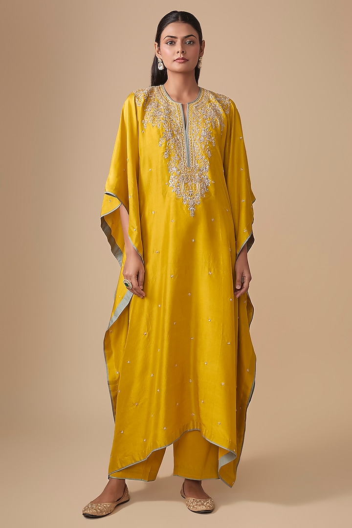 Mustard Dupion Silk Hand Embroidered Kaftan Set by Anushree Reddy at Pernia's Pop Up Shop