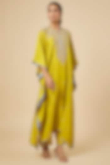 Mustard Dupion Silk Hand Embroidered Kaftan Set by Anushree Reddy at Pernia's Pop Up Shop
