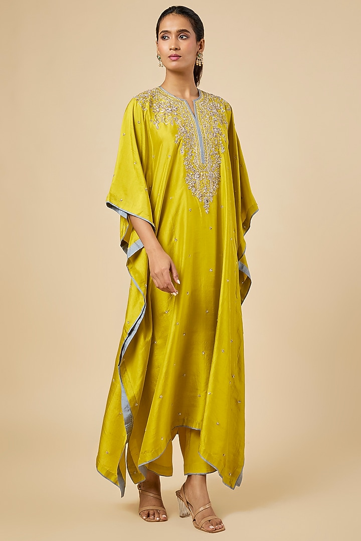 Mustard Dupion Silk Hand Embroidered Kaftan Set by Anushree Reddy at Pernia's Pop Up Shop
