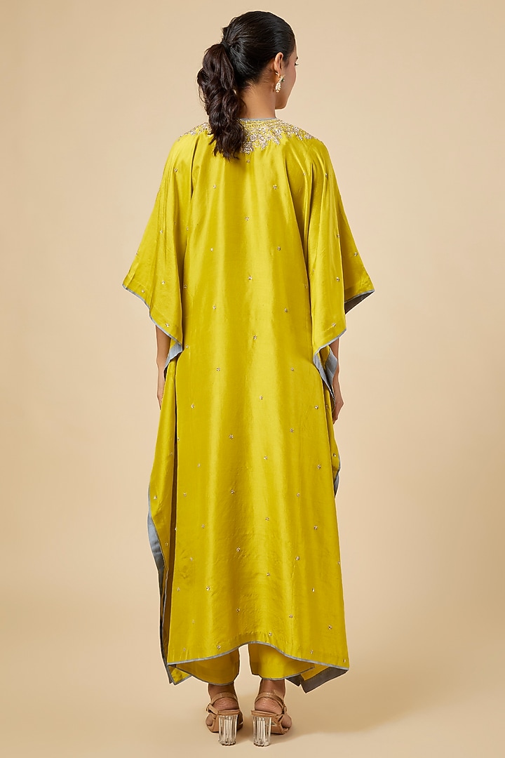 Mustard Dupion Silk Hand Embroidered Kaftan Set by Anushree Reddy at Pernia's Pop Up Shop