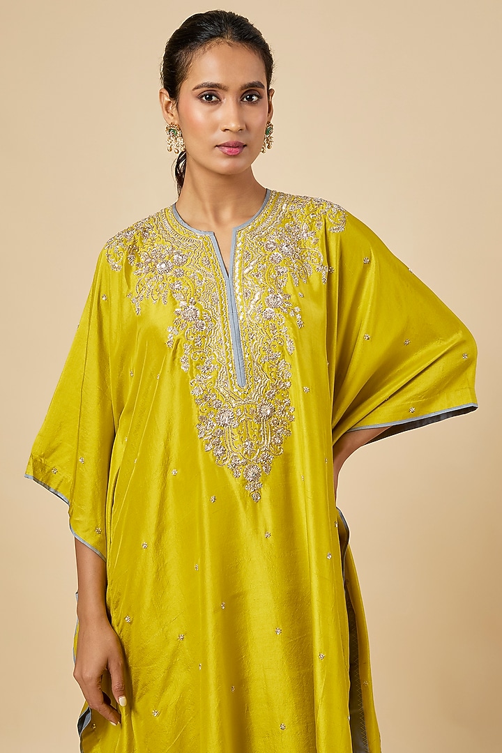 Mustard Dupion Silk Hand Embroidered Kaftan Set by Anushree Reddy at Pernia's Pop Up Shop