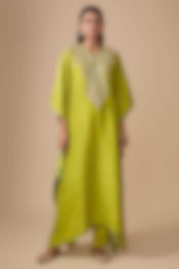 Lime Green Dupion Silk Hand Embroidered Kaftan Set by Anushree Reddy at Pernia's Pop Up Shop