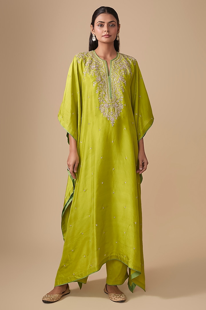 Lime Green Dupion Silk Hand Embroidered Kaftan Set by Anushree Reddy at Pernia's Pop Up Shop