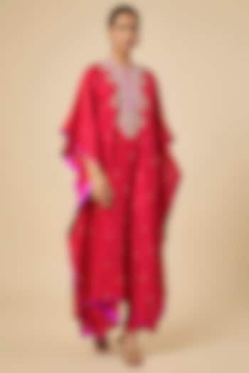Red Dupion Silk Hand Embroidered Kaftan Set by Anushree Reddy at Pernia's Pop Up Shop