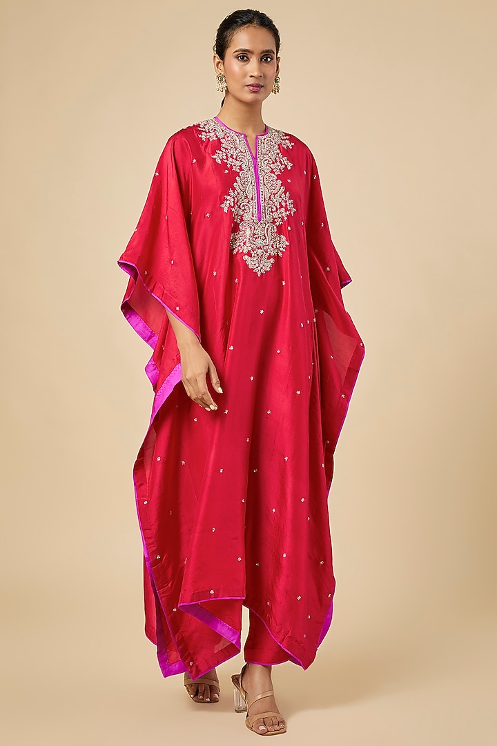 Red Dupion Silk Hand Embroidered Kaftan Set by Anushree Reddy at Pernia's Pop Up Shop