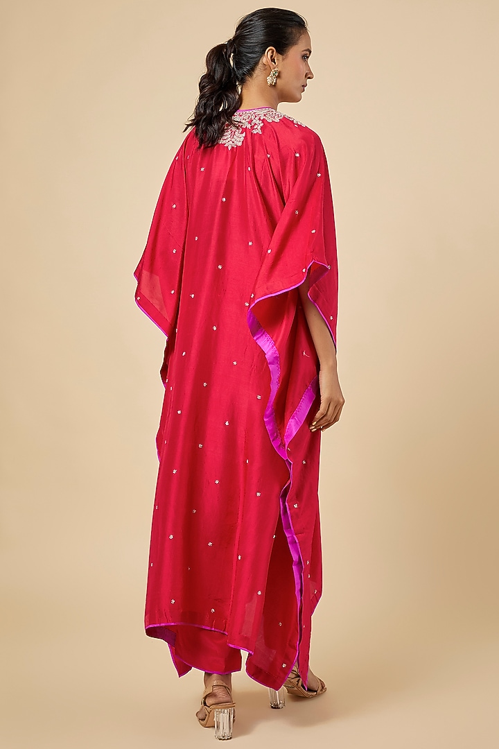 Red Dupion Silk Hand Embroidered Kaftan Set by Anushree Reddy at Pernia's Pop Up Shop