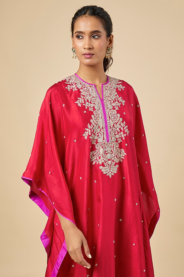 Red Dupion Silk Hand Embroidered Kaftan Set by Anushree Reddy at Pernia's Pop Up Shop