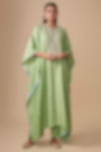 Sea Green Dupion Silk Hand Embroidered Kaftan Set by Anushree Reddy at Pernia's Pop Up Shop