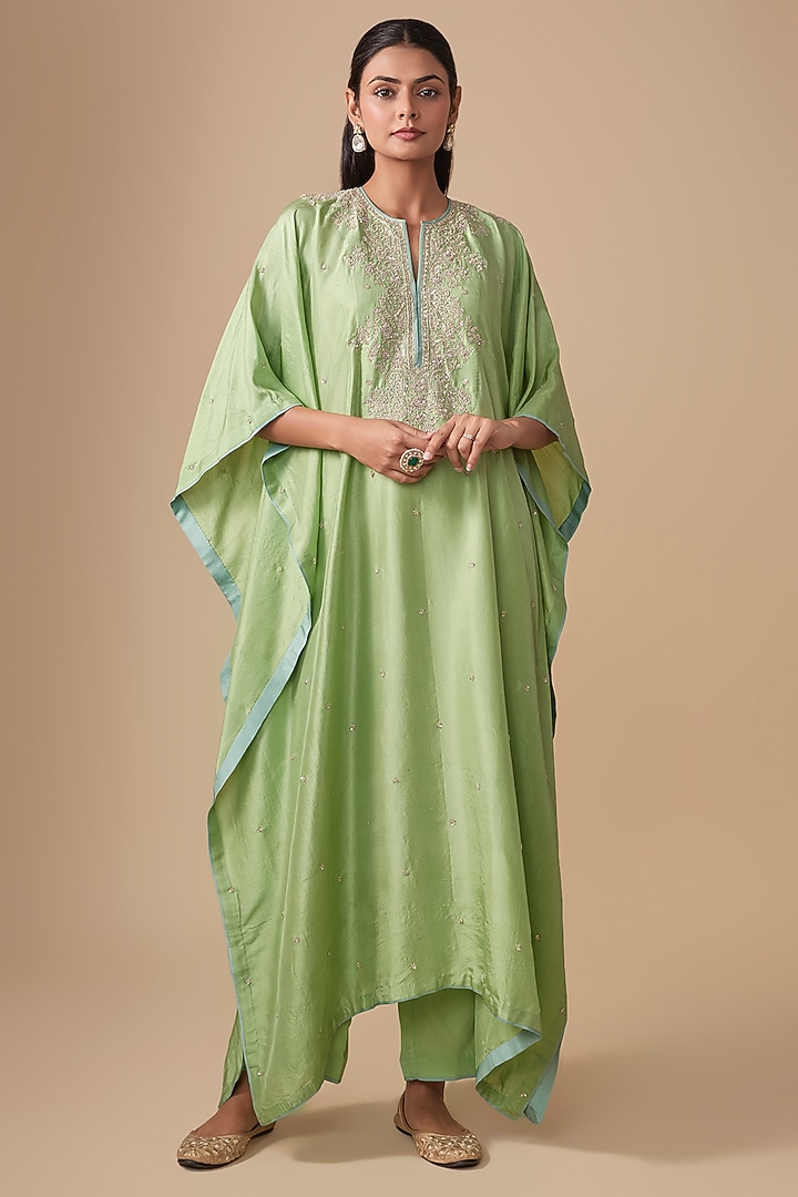 Sea Green Dupion Silk Hand Embroidered Kaftan Set by Anushree Reddy at Pernia's Pop Up Shop