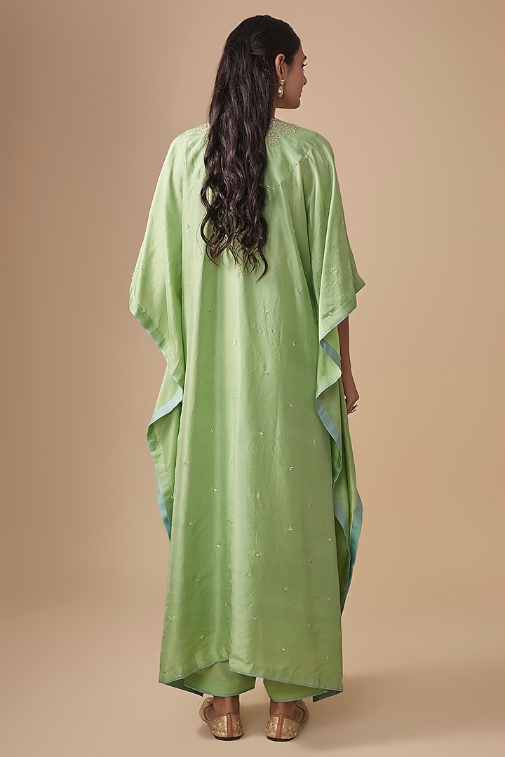 Sea Green Dupion Silk Hand Embroidered Kaftan Set by Anushree Reddy at Pernia's Pop Up Shop