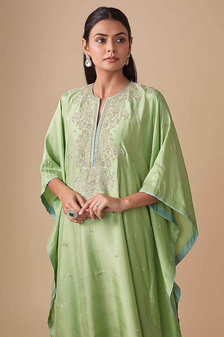 Sea Green Dupion Silk Hand Embroidered Kaftan Set by Anushree Reddy at Pernia's Pop Up Shop