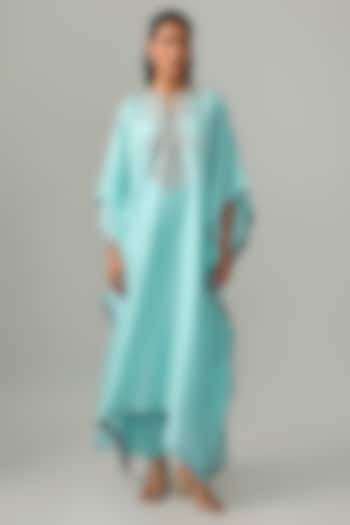 Sky Blue Dupion Silk Hand Embroidered Kaftan Set by Anushree Reddy at Pernia's Pop Up Shop