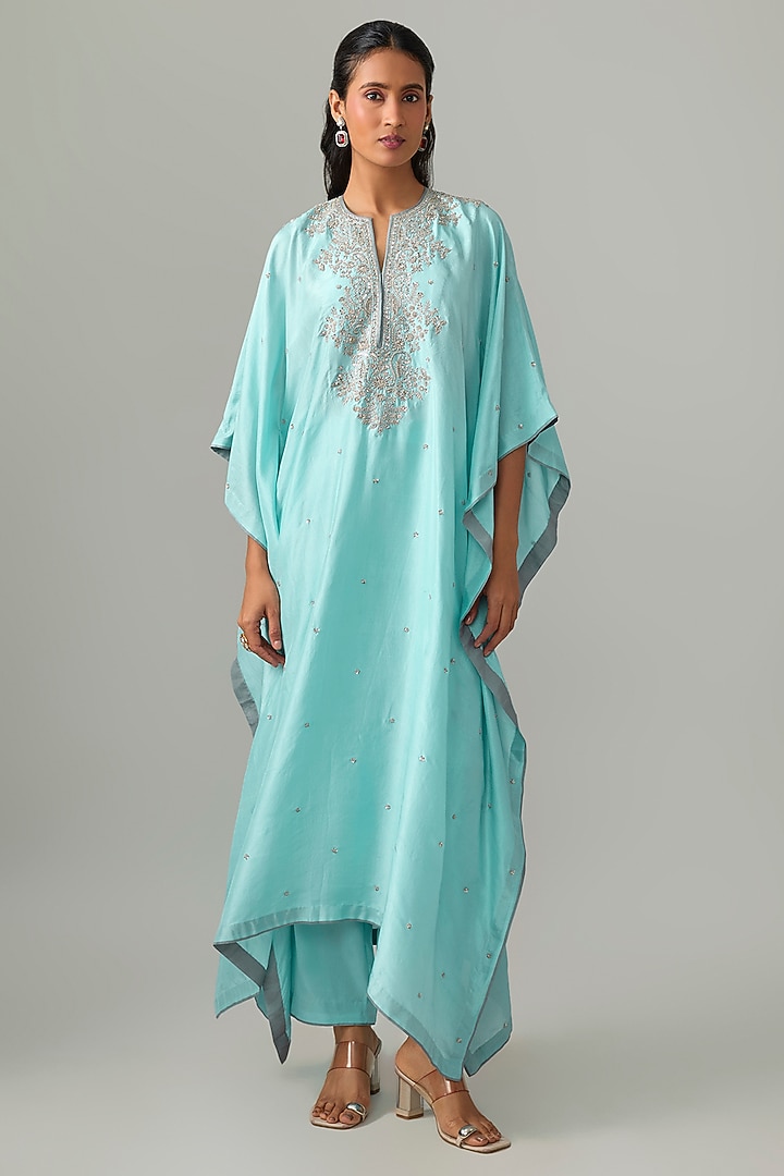 Sky Blue Dupion Silk Hand Embroidered Kaftan Set by Anushree Reddy at Pernia's Pop Up Shop