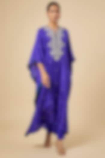 Cobalt Blue Dupion Silk Hand Embroidered Kaftan Set by Anushree Reddy at Pernia's Pop Up Shop