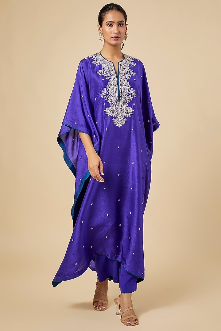 Cobalt Blue Dupion Silk Hand Embroidered Kaftan Set by Anushree Reddy at Pernia's Pop Up Shop