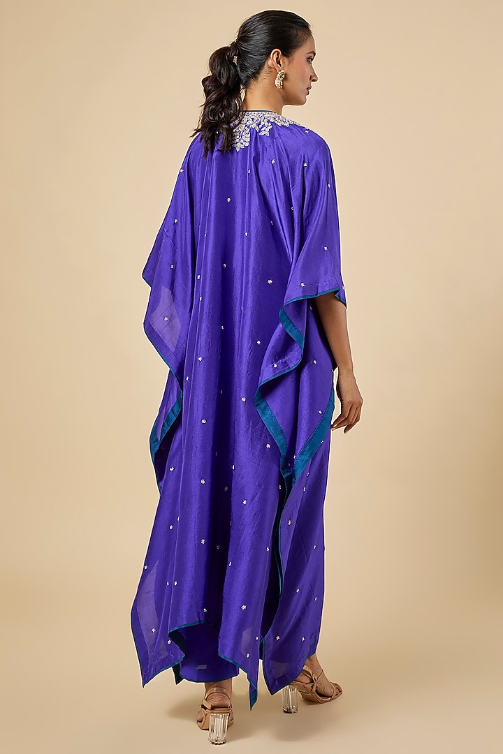 Cobalt Blue Dupion Silk Hand Embroidered Kaftan Set by Anushree Reddy at Pernia's Pop Up Shop