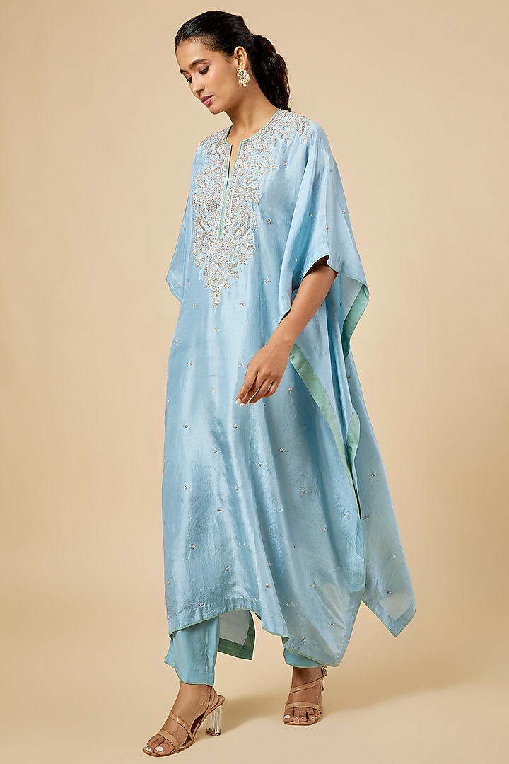 Powder Blue Dupion Silk Hand Embroidered Kaftan Set by Anushree Reddy at Pernia's Pop Up Shop