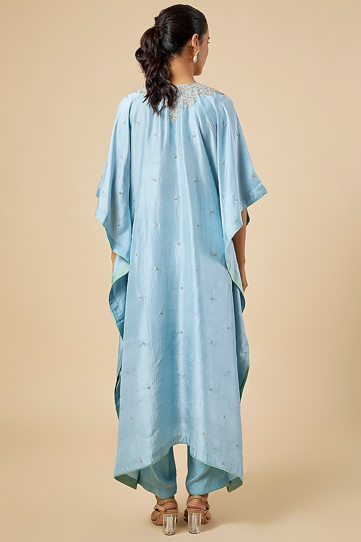 Powder Blue Dupion Silk Hand Embroidered Kaftan Set by Anushree Reddy at Pernia's Pop Up Shop