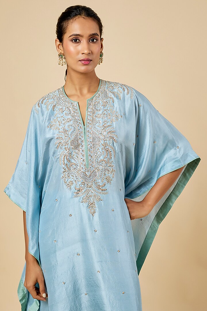 Powder Blue Dupion Silk Hand Embroidered Kaftan Set by Anushree Reddy at Pernia's Pop Up Shop